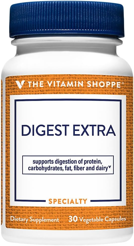 The Vitamin Shoppe Digest Extra - Digestive Enzymes for Fats, Carbohydrates and Protein Including a Digestive Aid for Gluten and Dairy - Supports Nutrient Absorption 30 Vegetable Capsules