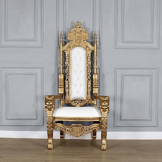 Throne Chair - Gold Frame & White Faux Leather - Lion Chair Carving