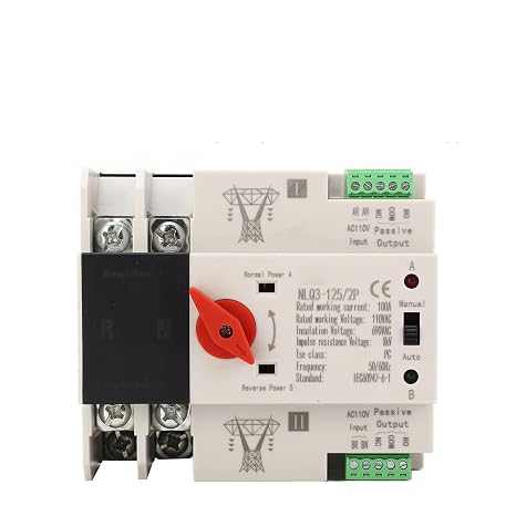 Automatic Transfer Switch 100A, 110V AC 2P ATS Dual Power Generator Transfer Switch for Home Generator, 35mm Din Rail Mounted 50/60HZ