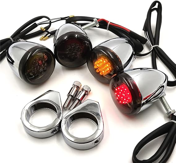 MT224-013- Chrome Motorcycle Turn Signals Light Kit Compatible with H-D Bullet LED 41mm Clamp