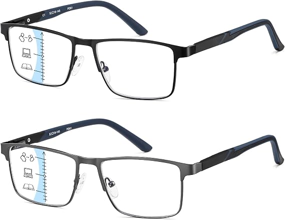 2-Pack Multifocus Progressive Reading Glasses Men Blue Light Multifocal Computer Readers No-Line Trifocal Near Range