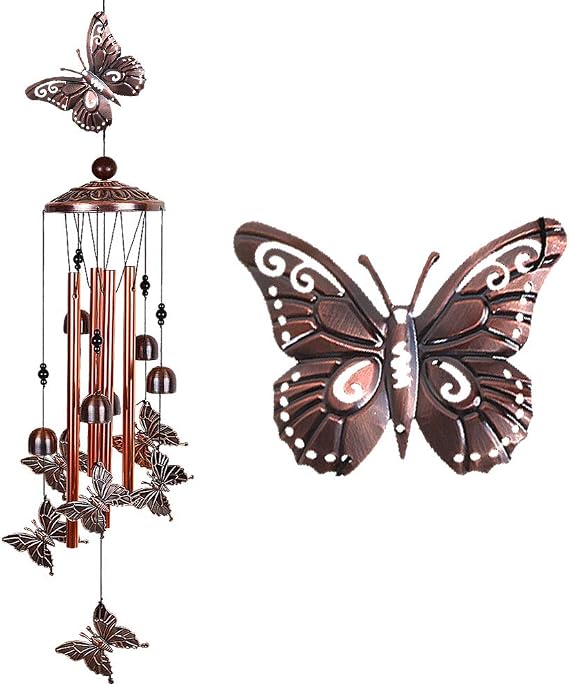 Butterfly Wind Chimes Outdoor Decor -with 4 Tubes 6 Bells 7 Butterflies 36In Waterproof Mobile Romantic Wind Catcher Butterfly Windchimes for Home, Xmas Mom Gifts, Festival,Balcony,Garden Decoration