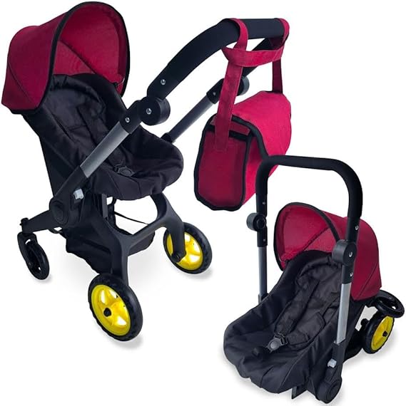 Baby Doll Car Seat Stroller Combo Convertible 2-in-1 Doll Stroller and Car Seat for Kids | Fits Up to 20 Dolls | Play Toy Baby Stroller with Adjustable Handle for Young Girls Ages 3+ (Maroon)