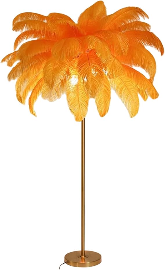 Standing Lamp with Golden Lamp Body Natural Ostrich Feather Floor Lamp 3 Color Dimmable Simple Standing Lamp Modern Lighting Fixture for Bedroom Living Room,Orange,L