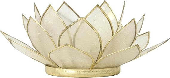 OM Gallery Gemstone Lotus Tealight Holder - Handcrafted Capiz Shell Design for Soft Glow, Elegant Home & Table Decor, Wedding Centerpieces, Votive Candle Styling, and Thoughtful Gifting - Pearl