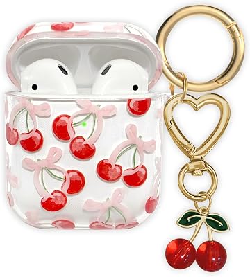 Compatible with AirPods Case Cover, Soft TPU Case with Cute Flower Pattern for AirPods 2&1 Generation Case with Pendant Keychain and Carabiner for Girls Women Cherry