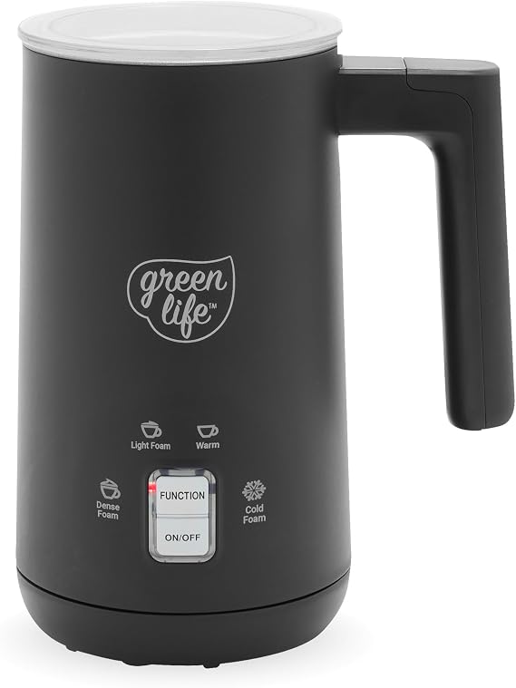GreenLife Ceramic Electric Milk Frother, 10oz, 4-in-1, Auto Hot and Cold Foam, Dense and Light Foam, PFAS Free, Cordless Milk Warmer and Steamer for Latte, Coffee, Black