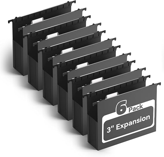 Ansook Plastic Hanging File Folders Letter Size, 6-Pack Hanging File Folder with 1/5-Cut Tabs, Black File Folders Hanging Organizers for Filing Cabinet, Bulky Files & Medical Charts