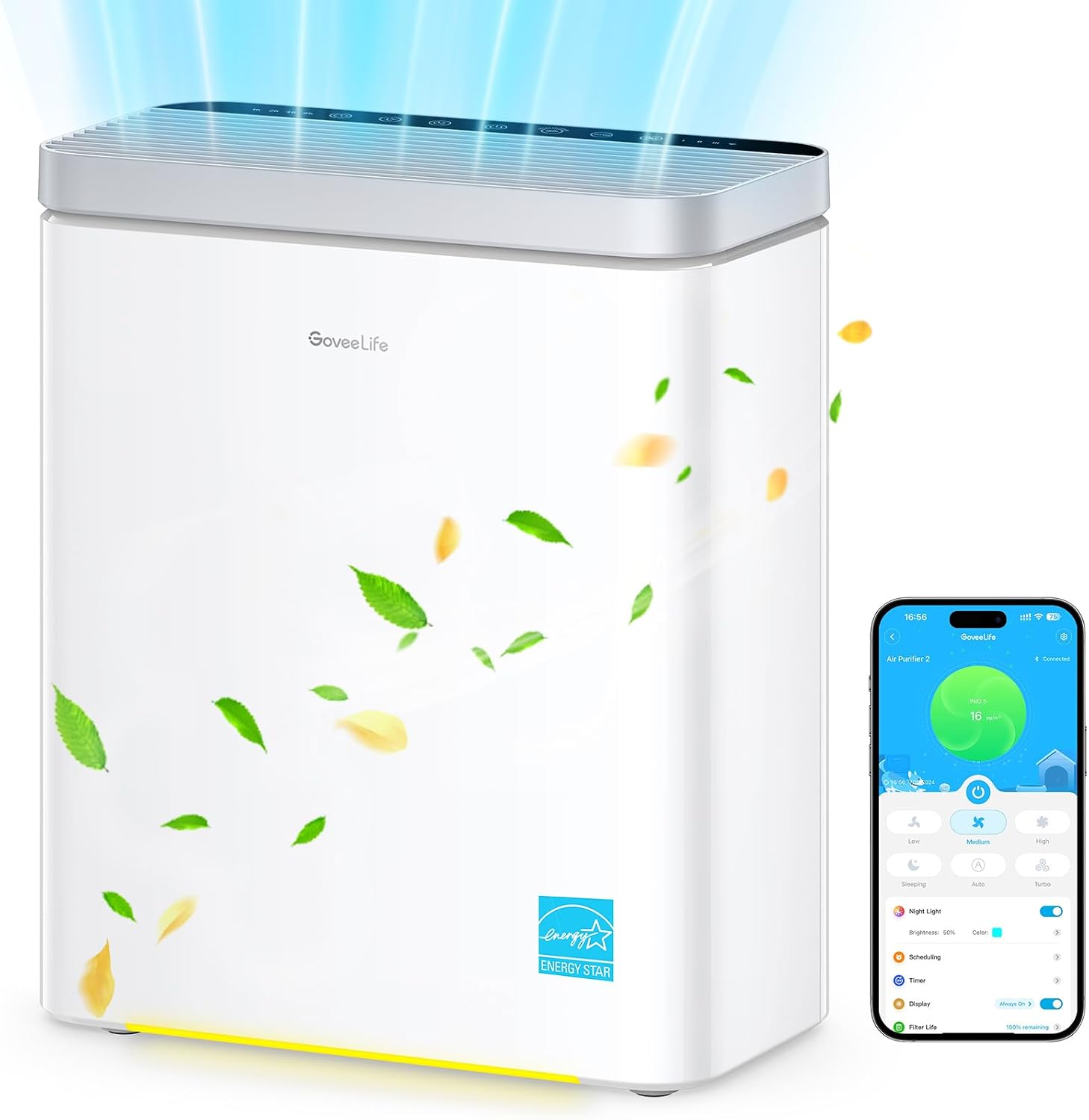 GoveeLife Smart Air Purifier for Home Large Rooms, Covers up to 1046 ft2, PM2.5 Monitor, Sleep Mode, 3-in-1 Filter Air Purifier with App and Alexa Control for Pet Hair, Odors, Pollen and Smoke