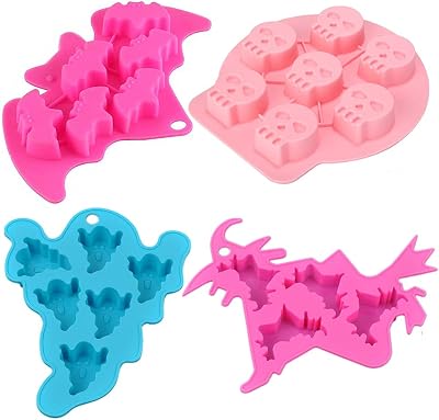 4PcsSet Halloween Chocolate Molds, Bat Skull Ghost Witch Silicone Mold for Candy Cake Baking Making Mini Soap Halloween Party Favors Supplies for Kids Random Color