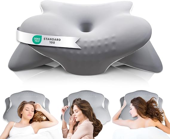 Memory Foam Pillow - Cervical Pillows for Neck and Shoulder, Ergonomic Neck Support Pillow with Washable Cooling Ice Silk Cover for Side Back Stomach Sleepers, Grey