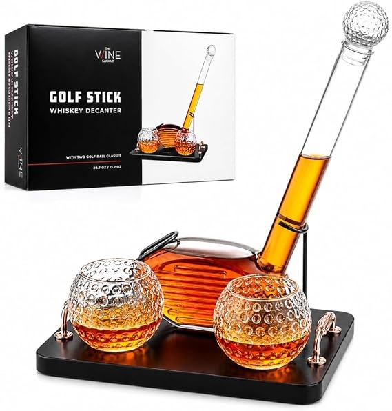 Golf Club Whiskey Decanter Set with 2 Crystal Glasses, 28.7oz Clear Borosilicate Glass 15.2oz Ball Cups for Bourbon Scotch Serving, Sports Themed Barware Birthdays Birth Day Retirement Gifts for Men