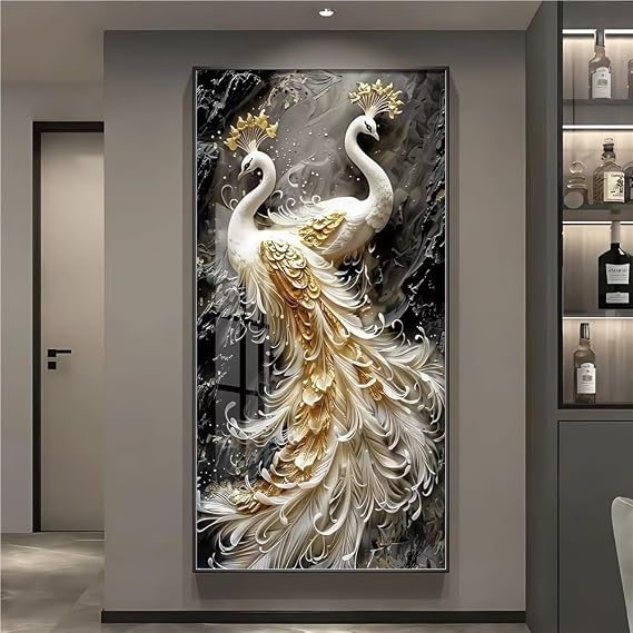 3D Wall Art with Led, Lighted Peacock Wall Fresco with Metal Picture Frame, Sophistication Home Decor for Living Room Entry(Gold,Medium)