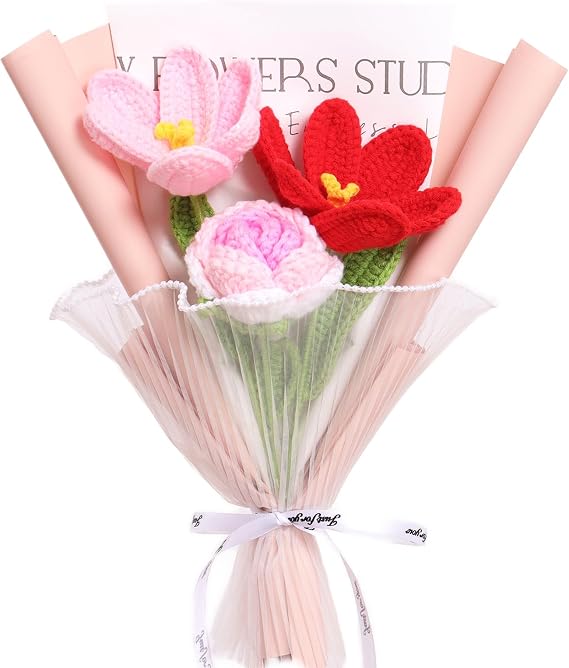 Crochet Flower Bouquet, Crochet Flowers, Handmade Knitted Bouquet, Pink Roses, Pink Tulip, Red Tulip for Valentine's Day, Mother's Day, Birthday (Red)