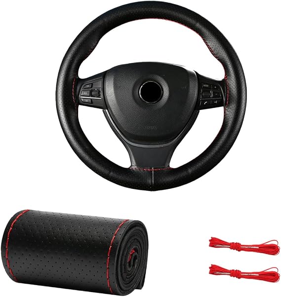 Genuine Leather Steering Wheel Cover, 15 Inch Breathable DIY Sewing Wheel Protector with Needle Thread, Stitch on Wrap Wheel Cover with Anti-Slip Design (Black & Red, Full Hole)