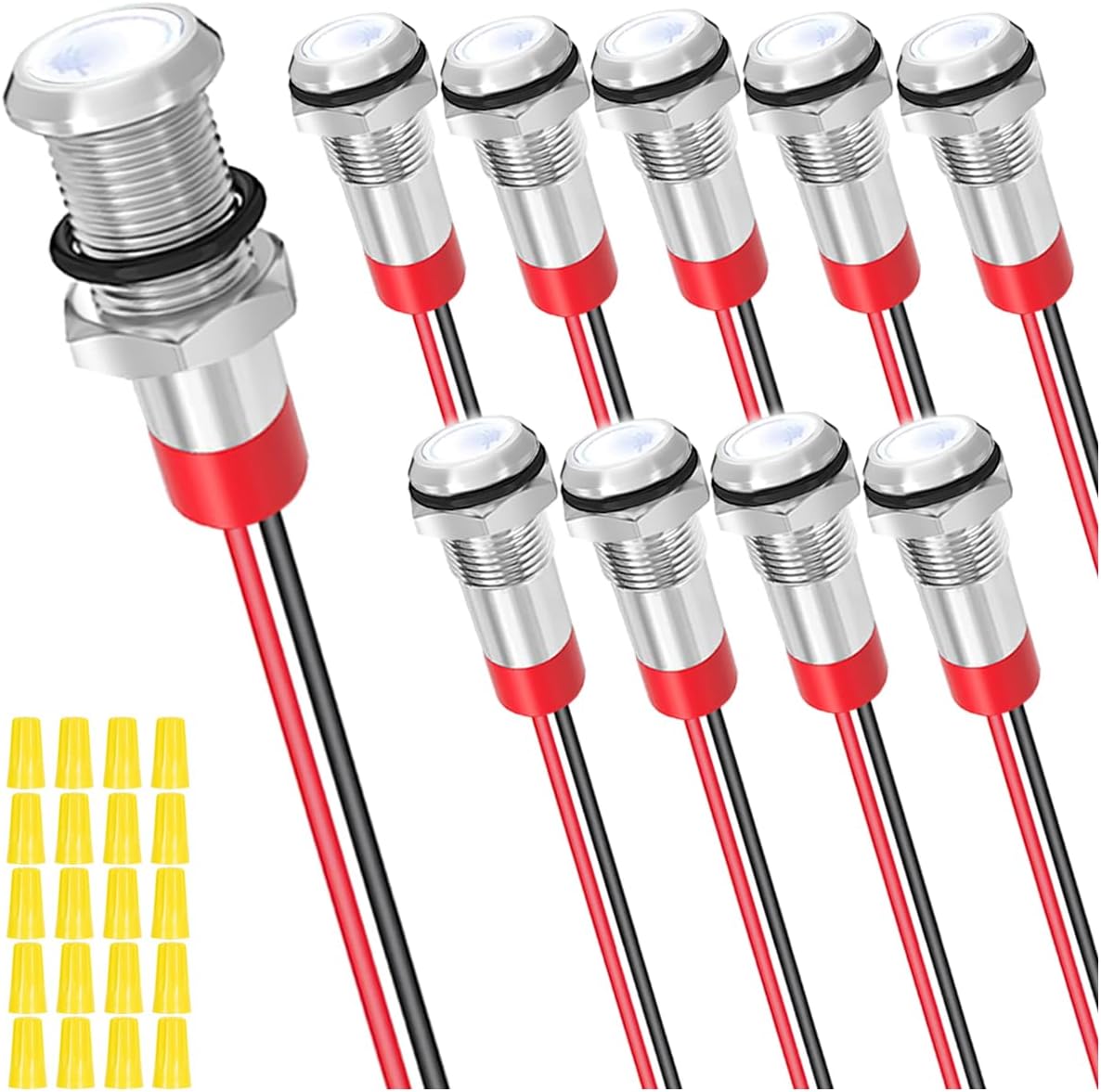 10pcs 6mm DC 12-24V 1A White LED with 150mm Cable Length Waterproof Signal Lamp Metal Display Light for Car Interior Truck Boat Metal LED Display and Wiring Cap