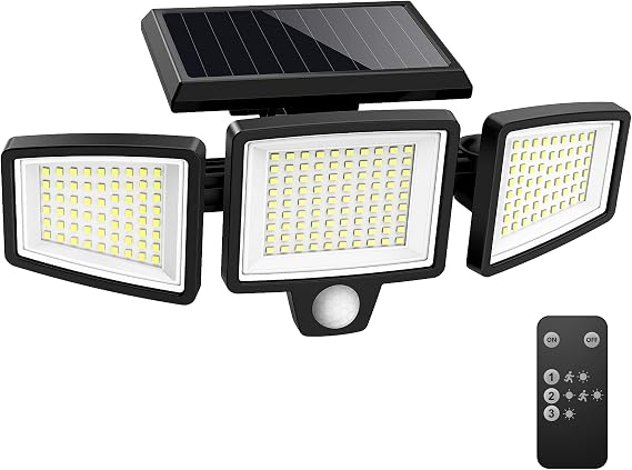 Solar Lights Outdoor, 210 LED 2500LM Motion Sensor Lights with Remote Control, 3 Heads Security LED Flood Light, IP65 Waterproof, 270 Wide Angle Illumination Wall Light with 3 Modes(1 Packs)