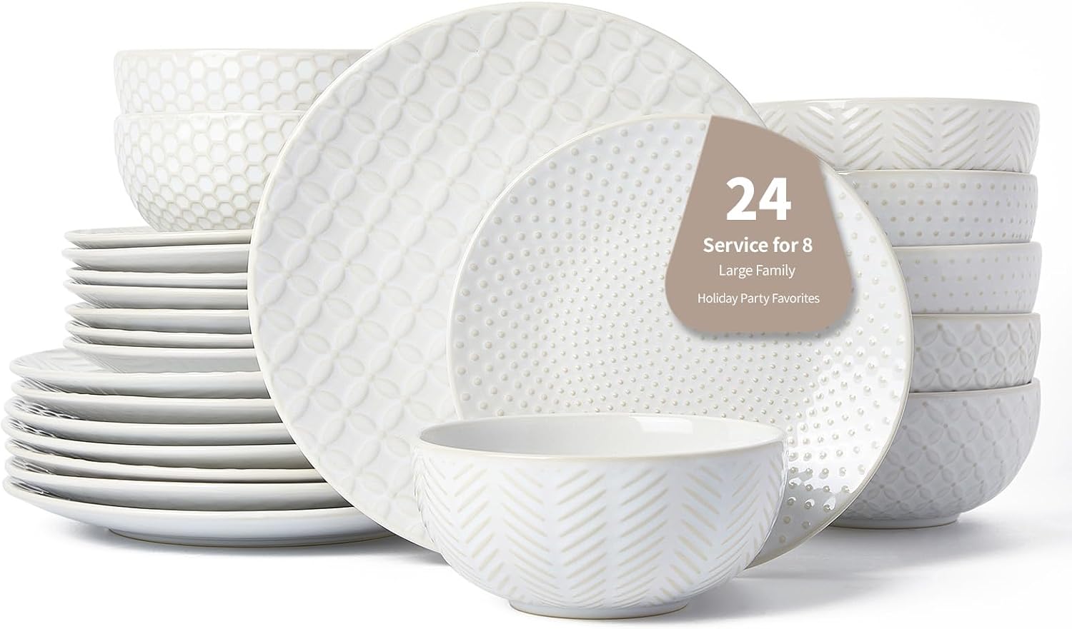 FOBENTA Dinnerware Sets for 8,Microwave Safe Plates and Bowls Sets,24 Piece Ceramic Dish Set,Home Essentials Stoneware Embossment Dinnerware Set,Housewarming Gift
