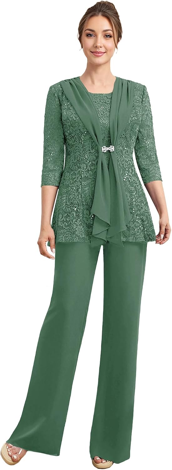 Mother of The Bride Pant Suits 3 Pieces Lace Formal Pants Outfit Grandmother of The Bride Pant Suits for Wedding Jacket Pastel Green