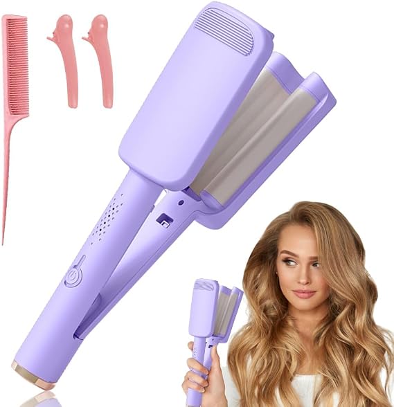 French Wave Curling Iron, 32 mm Big Wave French Hair Curler, Deep Wave Hair Curler with 4 Gears Temperature 160-220°C, Rapid Heating and Anti-Scald Hair Waver Crimper for All Hair Types, Violet