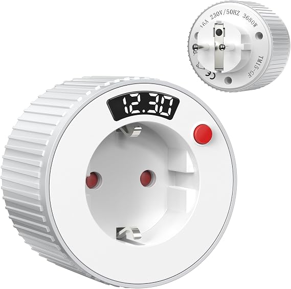 Timer Socket with LED Display 360° Rotary Control Timer Socket with 1 Min-24H Countdown 3680 W 230 V/16 A for Kitchen and Household - White