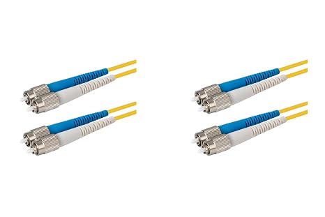SpeedyFiberTX 2-Pack 50 Meter FC/U to FC/U Fiber Optic Patch Cable, Blue and White Boots, Corning SMF-28 Ultra Single-Mode 9/125um Optical Fiber, Duplex Yellow Riser OFNR Cable Jacket