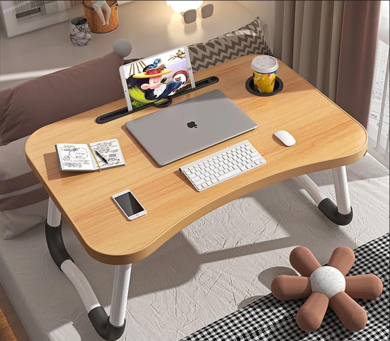 Laptop Bed Table Lap Standing Desk, Sofa Breakfast Bed Tray Folding Laptop Lap Desk Cup Holder Notebook Stand Legs 60  40  26cm Brown