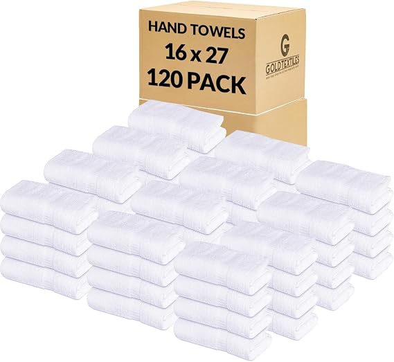 GOLD TEXTILES Premium Quality White Hand Towels (120 Pcs, 16 x 27 Inches) - Luxury Salon Towel- Multipurpose Use for Bath, Hand, Face, Gym and Spa - Thick & Highly Absorbent (16 x 27, White - 120 Pcs)