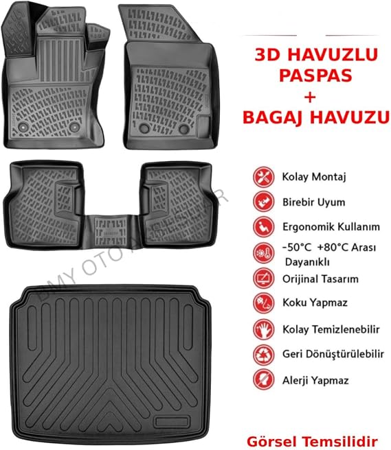Rizline Toyota Rav 4 2018 Sonrası İle Uyumlu 3D Araca Özel Paspas ve Bagaj Havuzu Bmy
