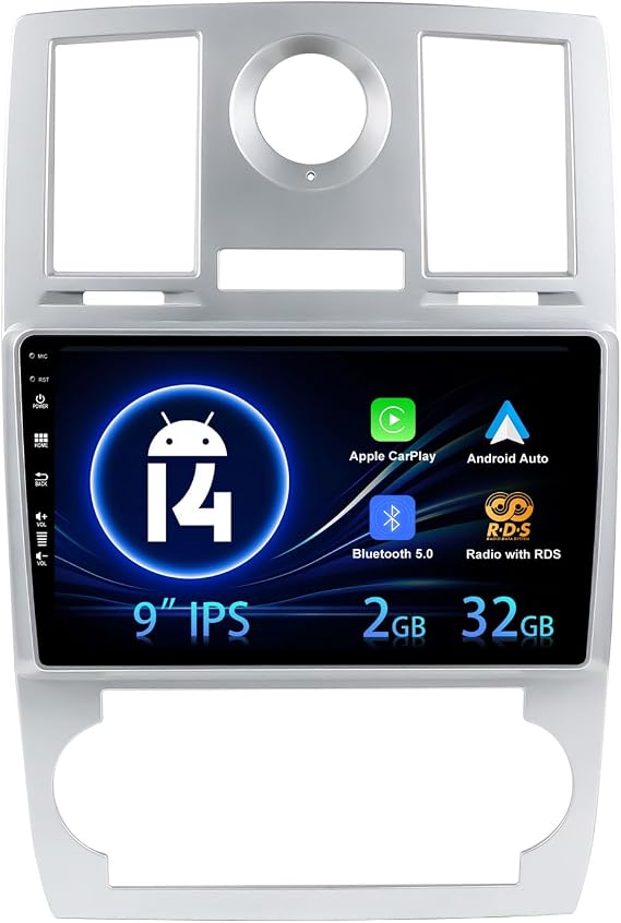 9inch IPS Android 14 Car Stereo Fit For Chrysler 300 300C 2005-2010 - 2 Din Head Unit Rear Camera Support DAB+/Mirrorlink/RDS/WiFi/Bluetooth/Carplay/GPS/SWC-2G+32G