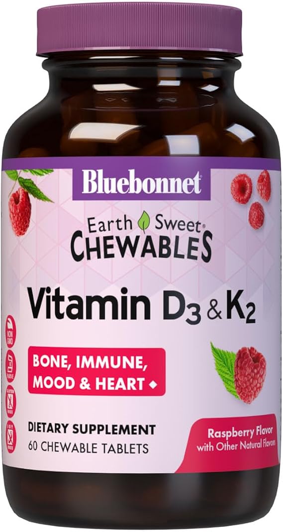 Bluebonnet Nutrition Vitamin D3 & K2 EarthSweet Chewable Tablets, for Immune, Mood & Heart Health*, Soy-Free, Gluten-Free, Non-GMO, Kosher Dairy, 60 Raspberry Flavor Chewable Tablets, 60 Servings
