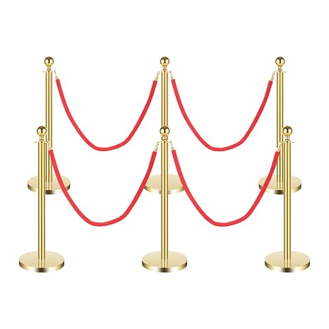 6PCS Gold Stanchion Posts Queue,5Ft Red Velvet Ropes Carpet Ropes Posts Stanchion Set,Crowd Control Barriers Gold Stanchions for Party Theater Hotel,Weddings,Museums