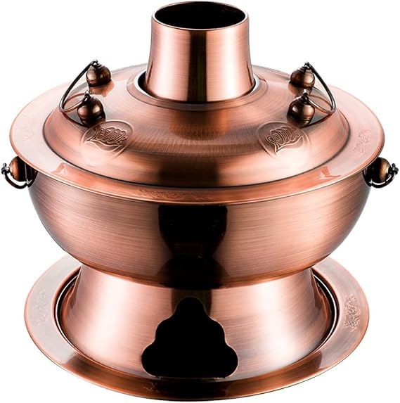 Chinese Hot Pot,Copper Hot Pot, Chafing Dishes Old Copper Hot Pot Wooden Charcoal Pure Copper Old-fashioned Hot Pot Household Extra Thick Copper Pot Shabu Shabu Outdoor(Brass,34cm)