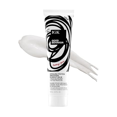 IGK GOOD BEHAVIOR Spirulina Protein Smoothing Blowout Balm | Anti-Frizz Heat Protectant + Smoothing Styling Cream | Helps Control Frizz and Smooth Hair for Sleek Blowouts