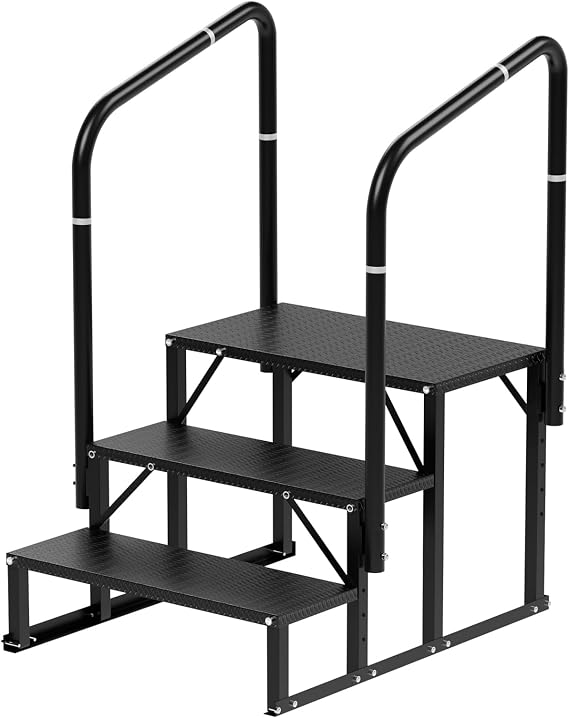 RV Steps, 3-Steps RV Stairs with Handrail Hot Tub Steps Mobile Home Stairs, Non-Slip Steps Outdoor Stairs for RV, Trailer, Camper Steps, Outdoor Spa