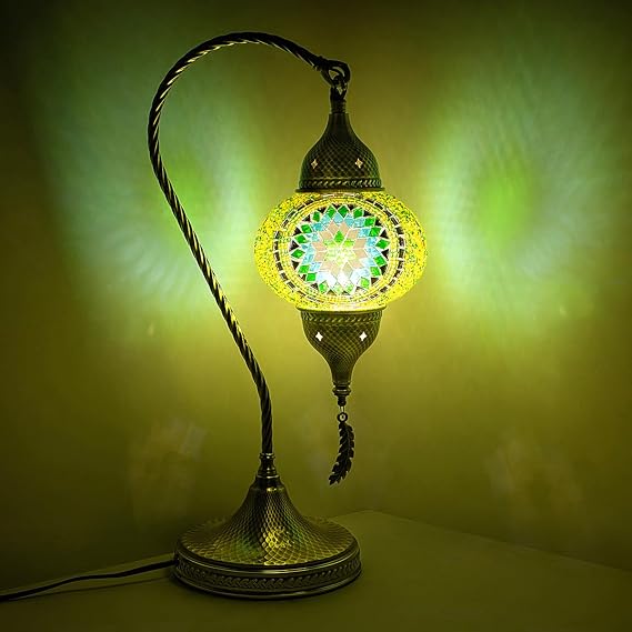 Yarra-Decor Turkish Moroccan Mosaic Table Lamp - 19 Tiffany Style Bedside Light with Bronze Base, 3 Color Options LED, Handmade Boho Accent Lighting (Green1)