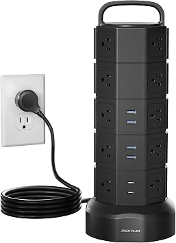 Power Strip Tower, 20 AC Outlets 6 USB Ports(2 USB C), 1050J Surge Protector, 13A Desktop Charging Station, 6.5ft Heavy Duty Extension Cord with Multiple Outlets for Home Office Garage, Black