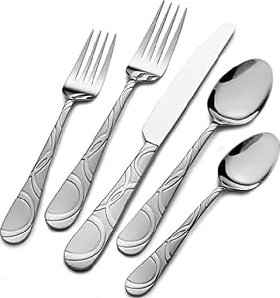Pfaltzgraff Frost 53-Piece Flatware Set, 18/0 Stainless Steel Silverware Set for 8 with Steak Knives, Serving Pieces, Dishwasher Safe