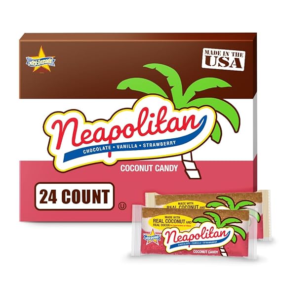 Atkinson's Neapolitan Coconut Bar, Strawberry Vanilla, 1.65oz, 24ct Pack | Chewy Neapolitan coconut bar with strawberry, vanilla and chocolate, gluten free and kosher. Texas made since 1932.