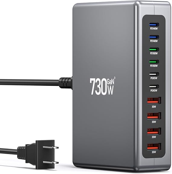 730W USB C Charger, USB Charging Station, 10-Port GaN Fast Charger Block[6 USBC+ 4 USBA], Charger Hub Compatible with Laptop, MacBook, iPad, iPhone 17/16/15/14/13/Pro Max, Samsung Galaxy S24 S23 S22