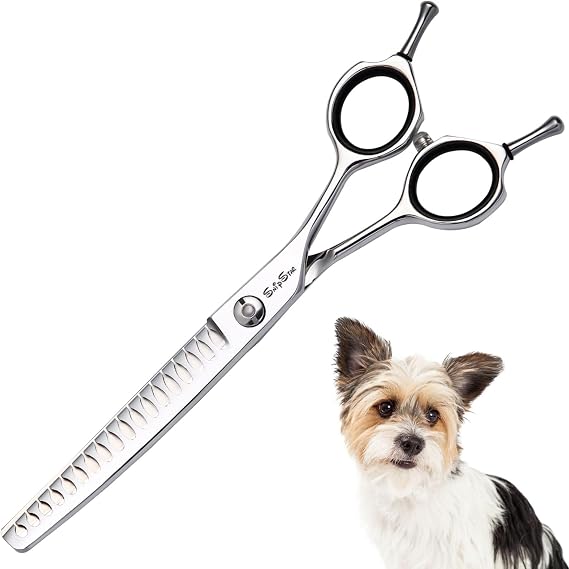 6.5 inch Curved Chunker, 18 Teeth Sharp Pet Grooming Shears, 20 Degree Bend Dog Scissors, Professional Dog Cutting Shears for Groomer or Home Use, with CNC Screws, Thinning Rate 65%