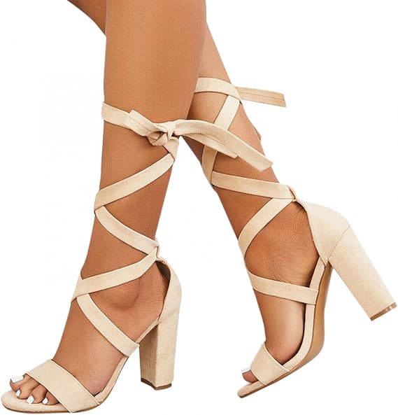 ZBYY Womens Chunky Ankle Strappy Sandal Suede Pumps Ankle Lace Up Crisscross Block Heel Sandals Summer Dress Shoes