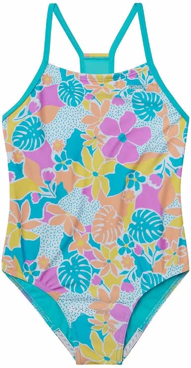 Speedo Girls Thin Strap One Piece Swimsuit (US, Alpha, Small, Regular, Floral Turkish Sea Blue)