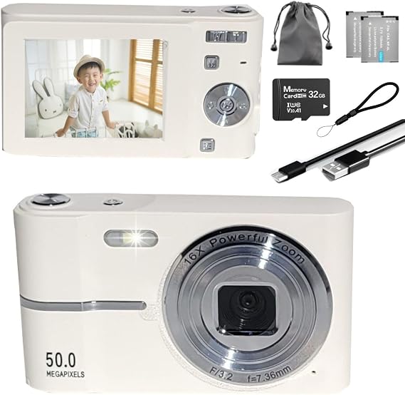 Compact Digital Camera (White) 50MP 16X Zoom HD 1080P Point and Shoot with 32GB Memory Card and 2 Batteries, Birthday for Boys Girls Kids Students Beginners