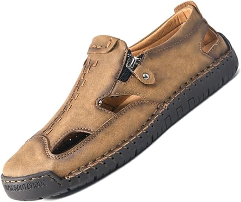 Men's Closed-Toe Leather Fisherman Sandals Slip-On | Breathable Comfortable Casual Moccasin Loafers for Summer Outdoor Driving & Walking | Side Zipper Hand-Sewn