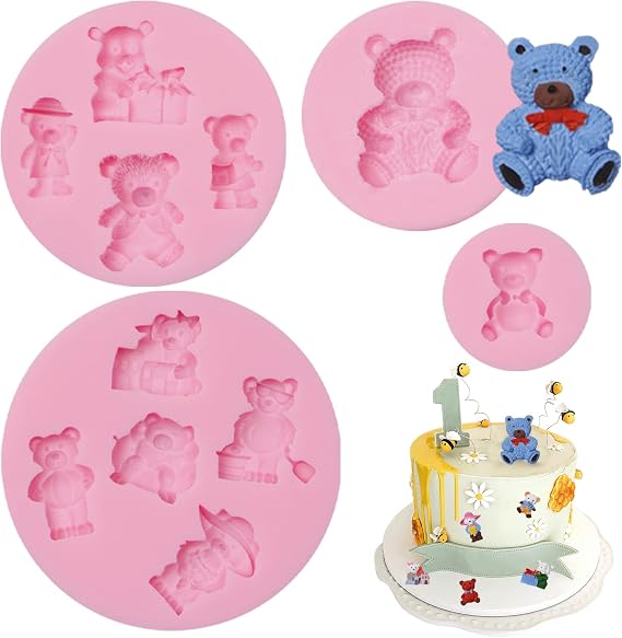 Teddy Bear Chocolate Silicone Molds 4 Pcs, Cute Baby Bears Fondant Mold for Cake Decoration, Candy Sugar, Cupcake Topper, Cake Pop, Popsicle, Candle, Resin, Polymer Clay Crafts