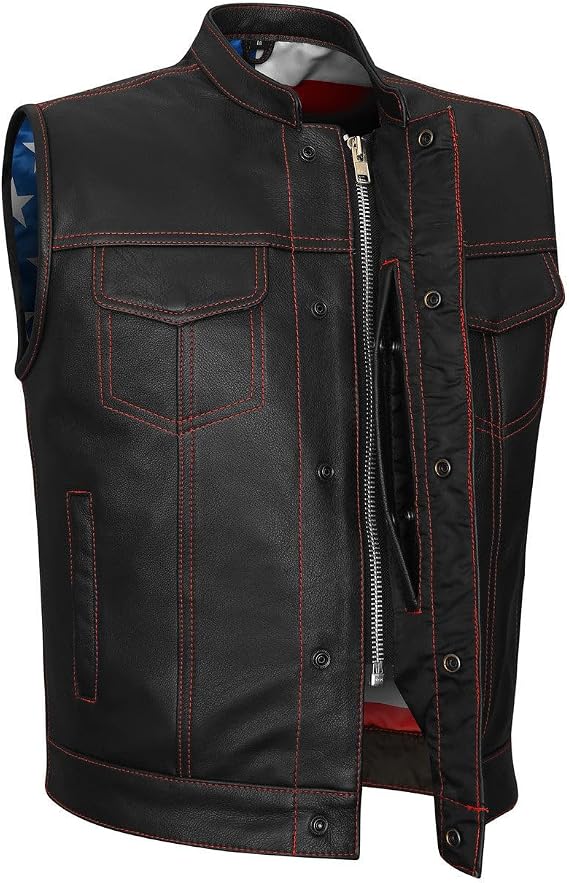 Mens Leather Motorcycle Vest with Dual CCW Pockets, SOA Biker Club Vest with American Flag Liner