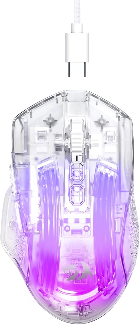 Redragon Wired Gaming Mouse, Clear Transparent Shell, 24,000 DPI, White | 7 Programmable Button, 2 Side Buttons, 8 RGB LED Backlit Mode, Light up Gamer Mice, Soft Cable for PC/Mac/Xbox