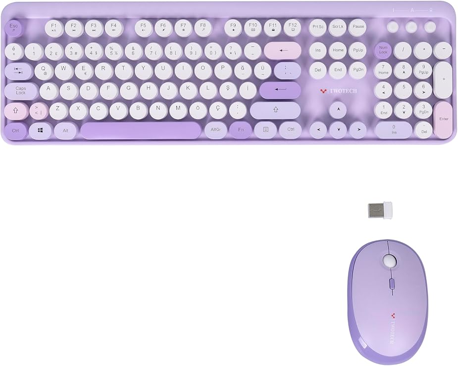 Wireless Turkish Keyboard with Color Keys+Mouse Set Compatible - Purple