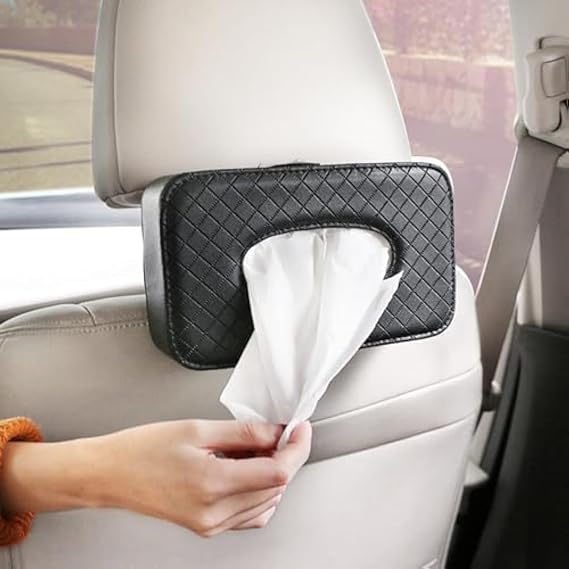Car Tissue Holder, Modern Style, Rectangular, Faux Leather, Black